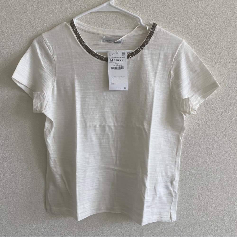 NWT Zara Jeweled Neck Tee - Picture 1 of 1